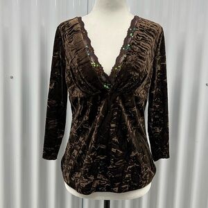 Y2K Brown Velvet V-Neck Blouse with Sequin Trim size medium